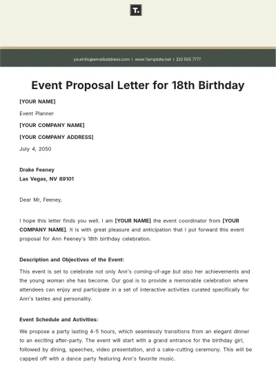 Free Event Proposal Letter for 18th Birthday Template to Edit Online