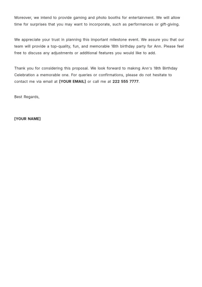 Free Event Proposal Letter for 18th Birthday Template to Edit Online