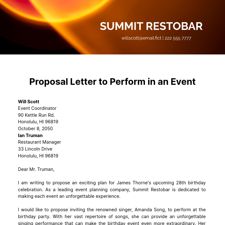 Proposal Letter to Perform in an Event Template
