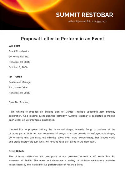 Free Proposal Letter to Perform in an Event Template to Edit Online