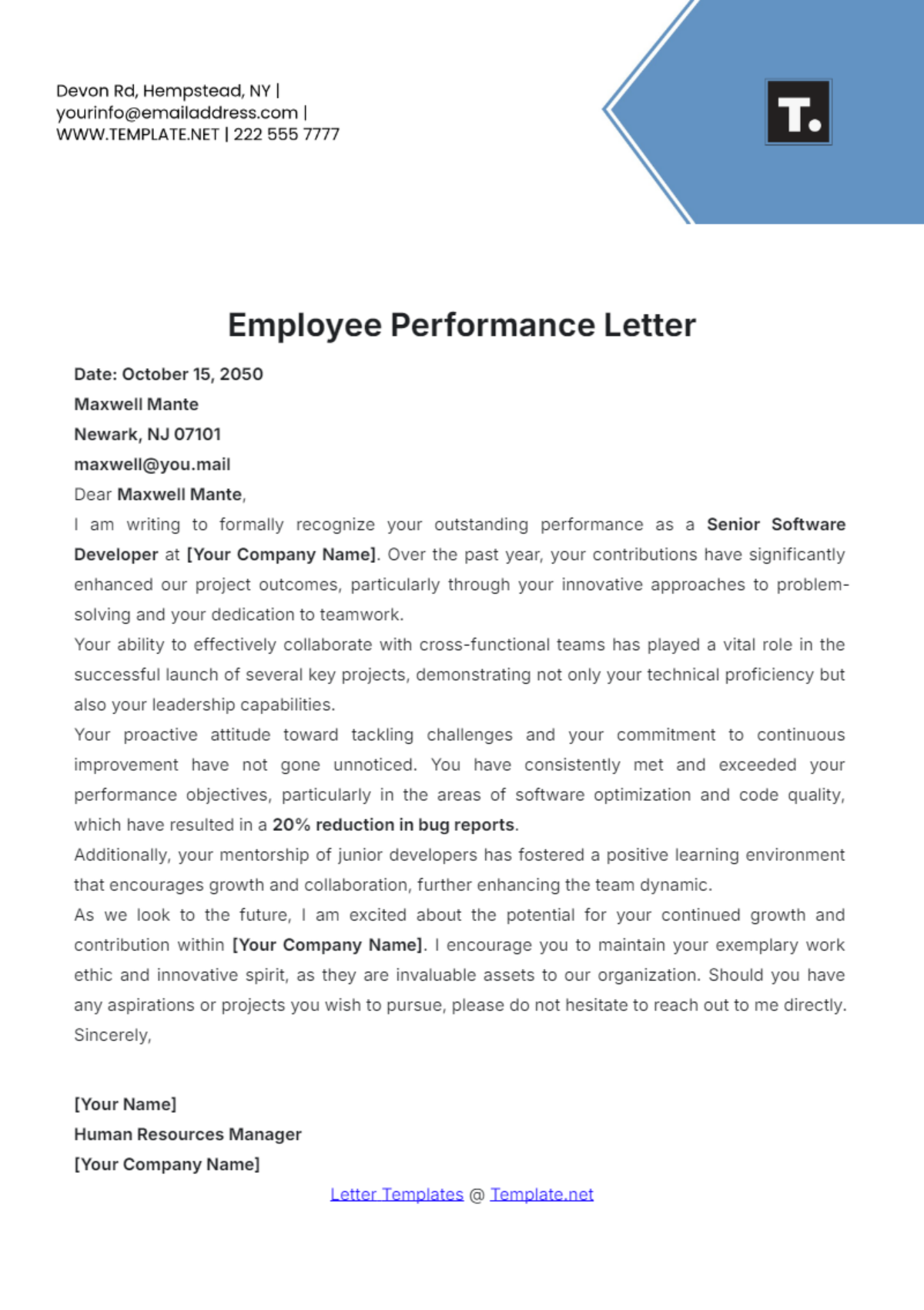 Employee Performance Letter Template - Edit Online & Download