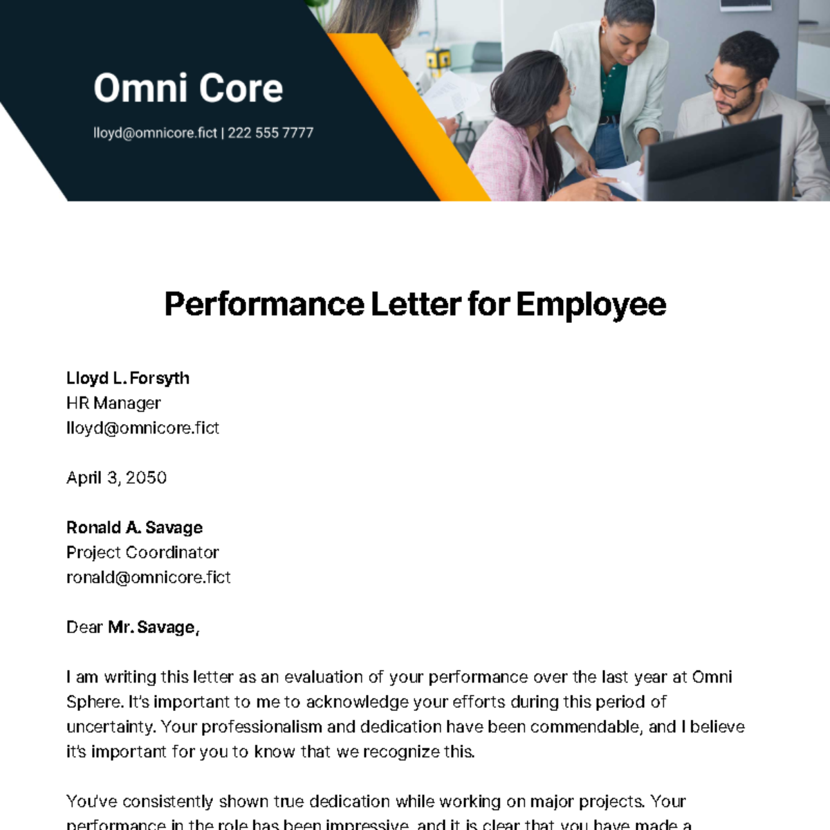 Free Performance Letter for Employee Template