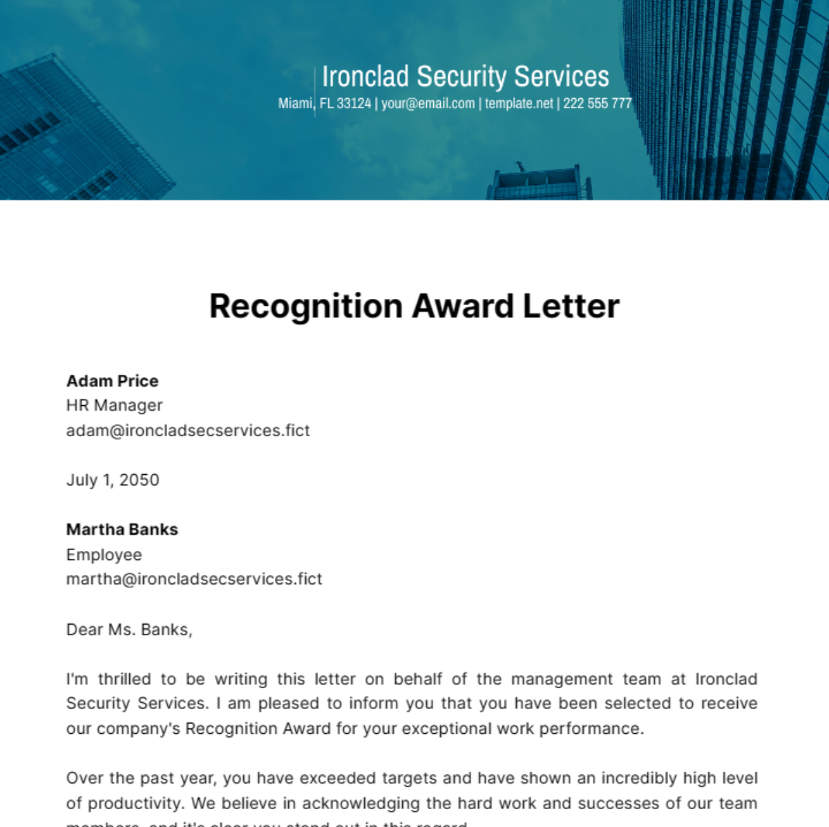 Recognition Award Letter Template