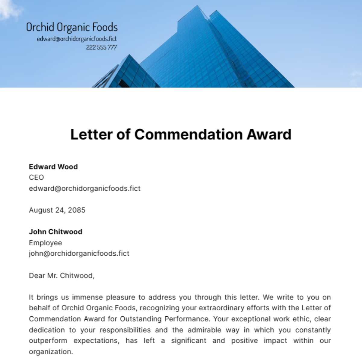 Letter of Commendation Award Template