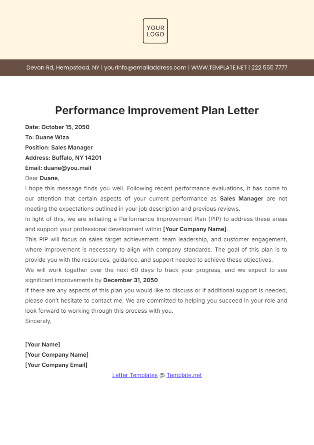 Performance Improvement Plan Letter Template - Edit Online & Download