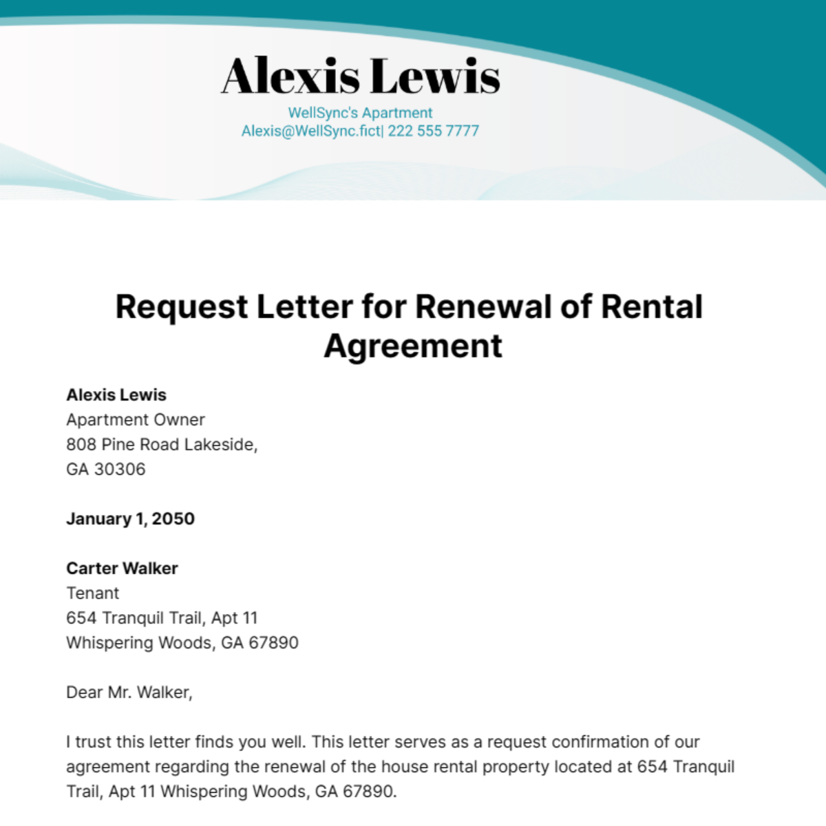 Free Request Letter for Renewal of Rental Agreement Template