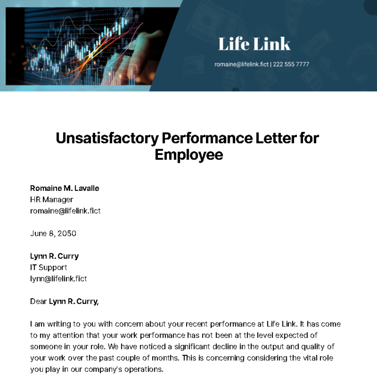 Free Unsatisfactory Performance Letter for Employee Template
