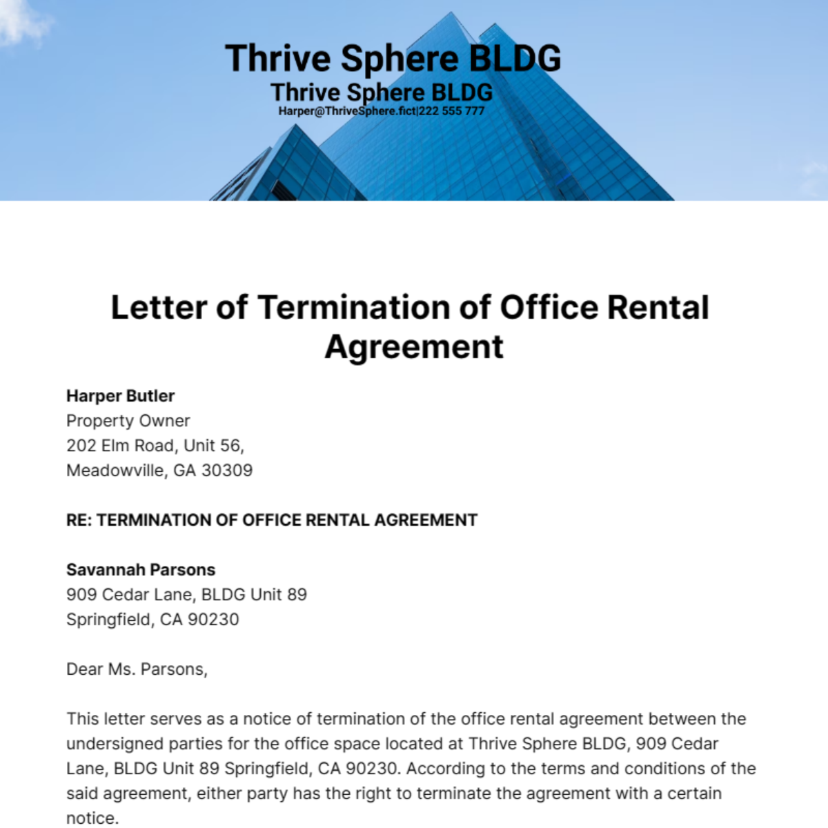 Letter of Termination of Office Rental Agreement Template
