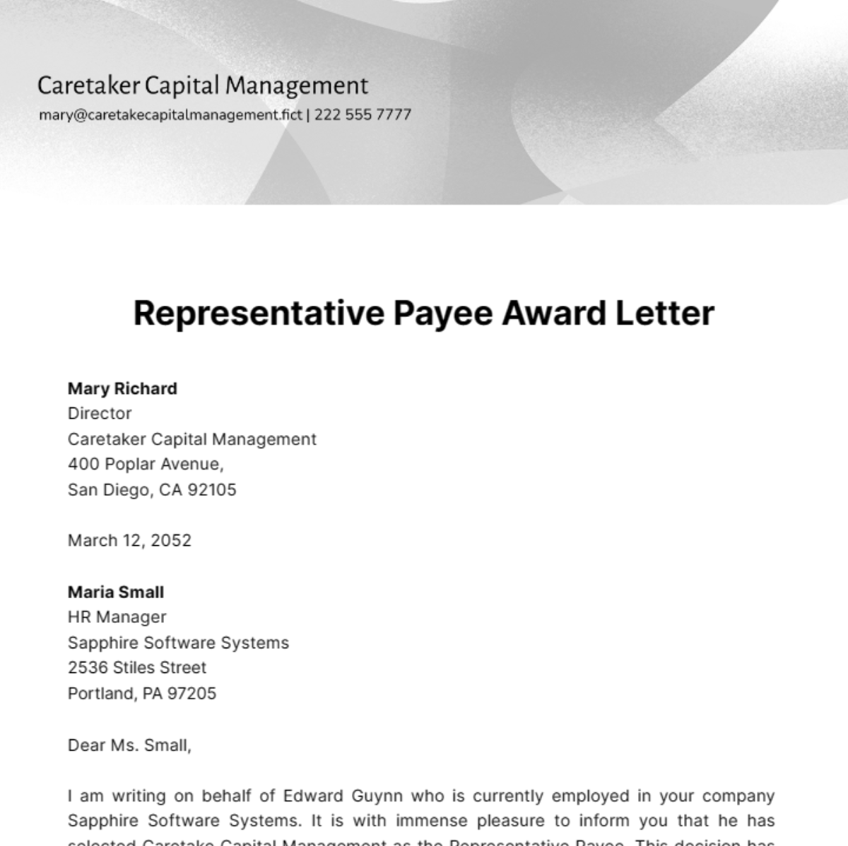 Representative Payee Award Letter Template