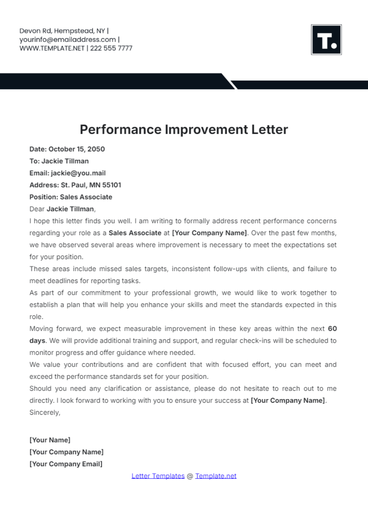 Performance Improvement Letter Template - Edit Online & Download