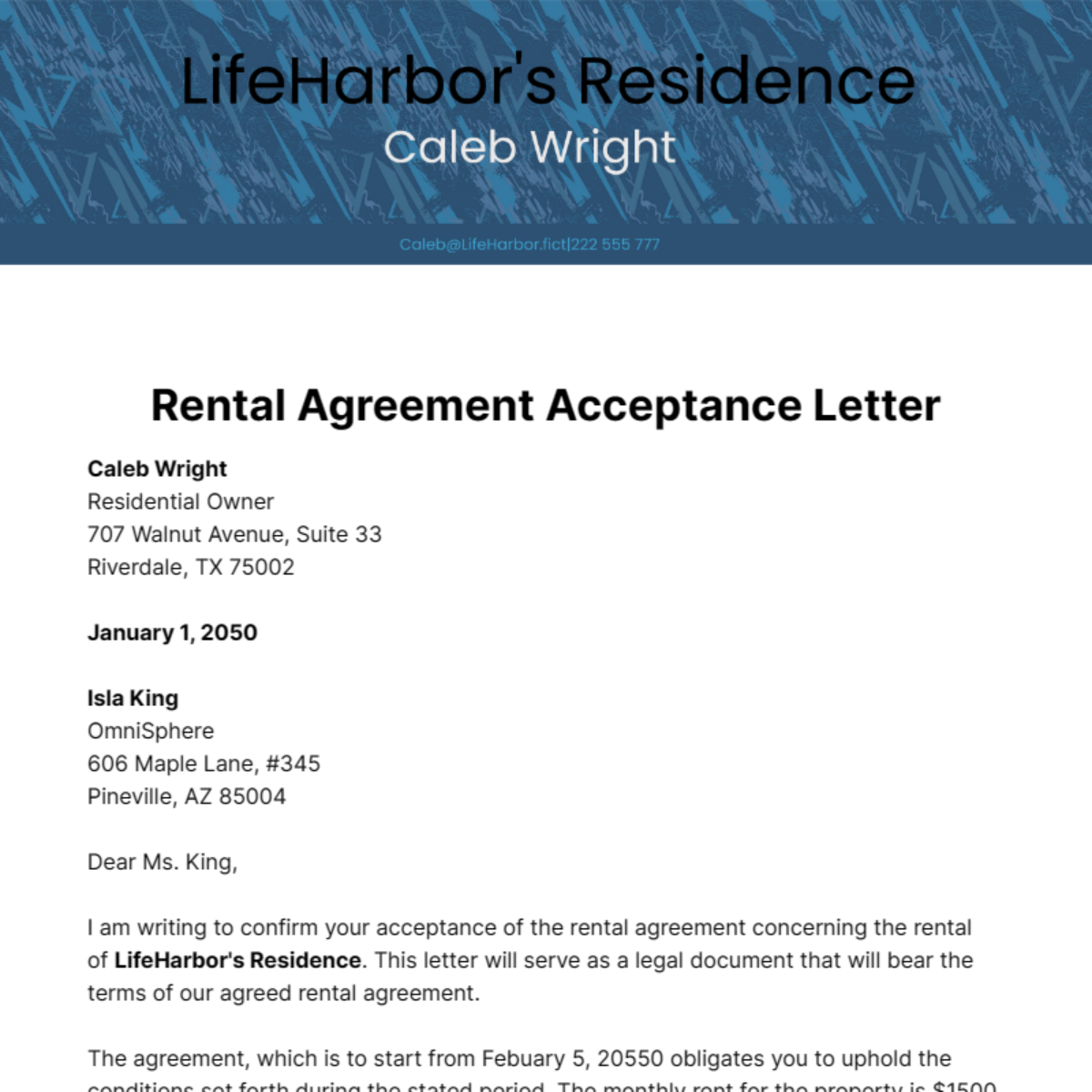 Free Rental Agreement Acceptance Letter Template