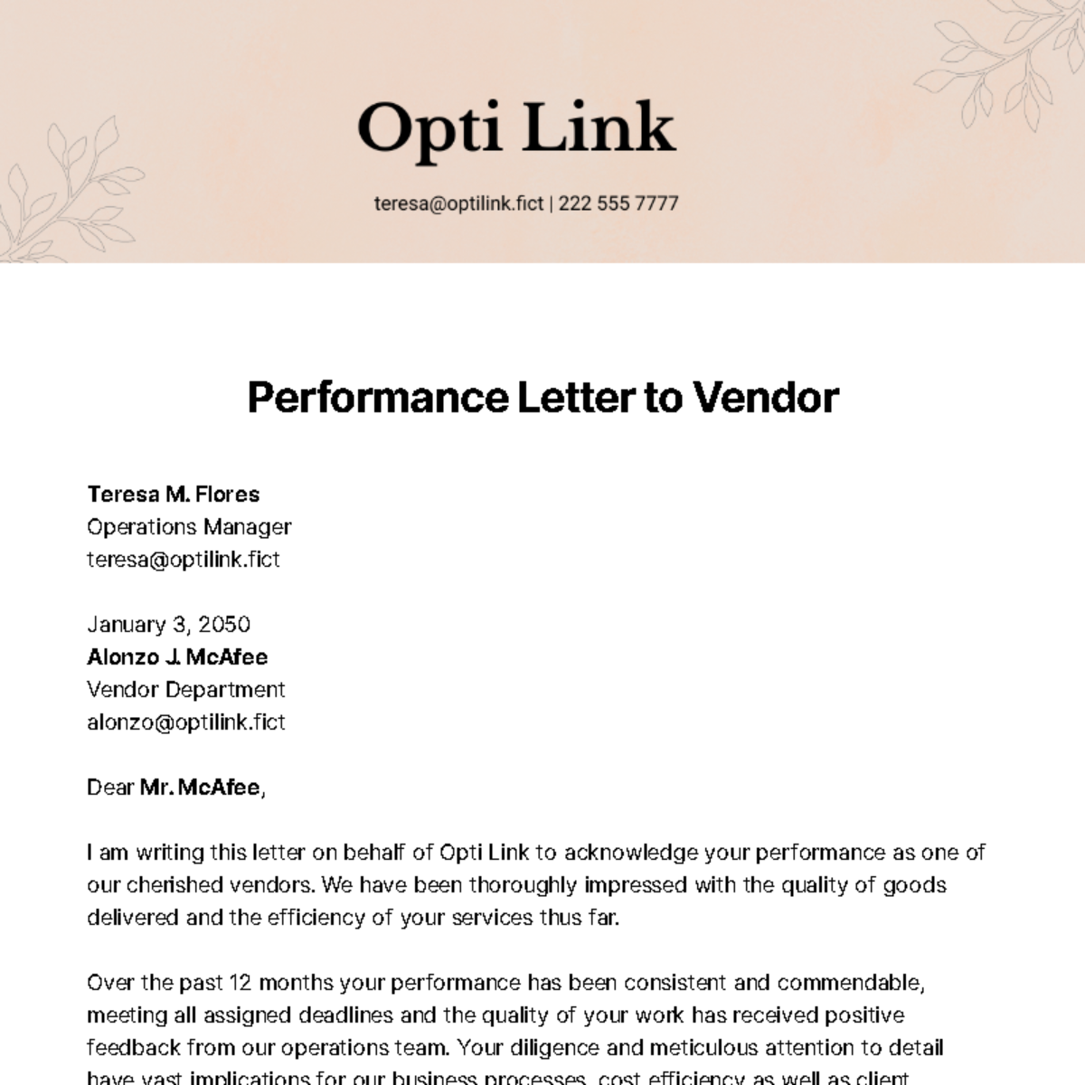 Performance Letter to Vendor Template