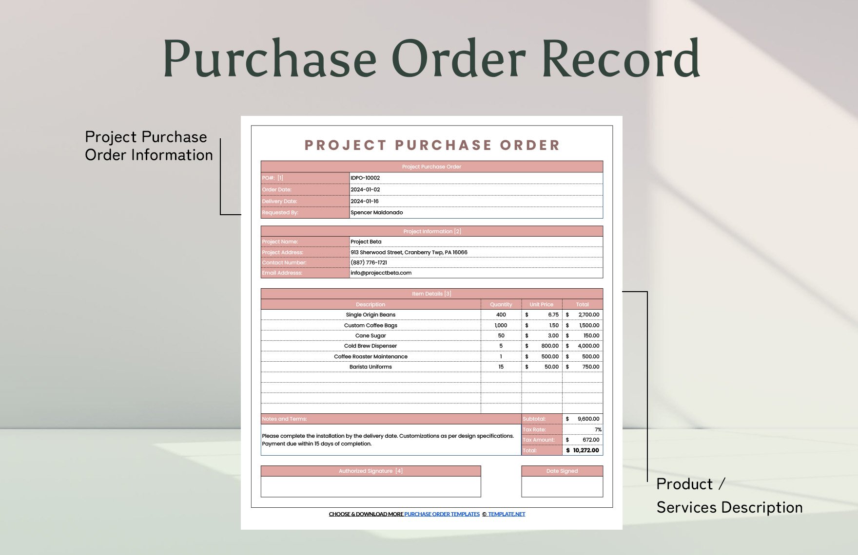 Project Purchase Order Template