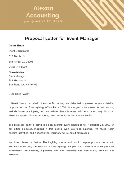 Free Proposal Letter for Event Manager Template to Edit Online