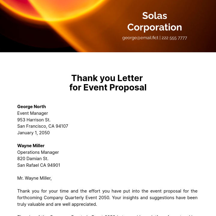 Thank You Letter for Event Proposal Template