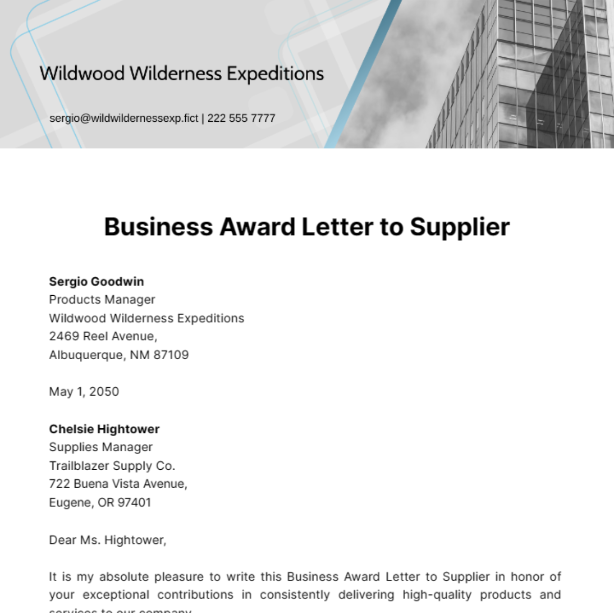 Business Award Letter to Supplier Template