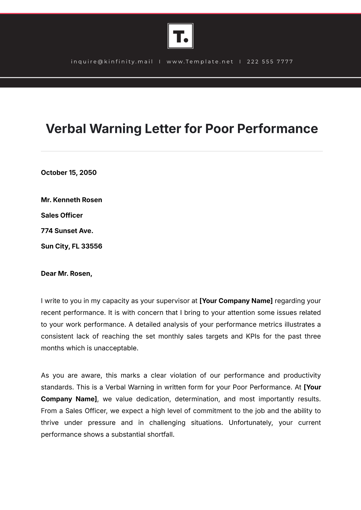 Verbal Warning Letter for Poor Performance Template - Edit Online & Download