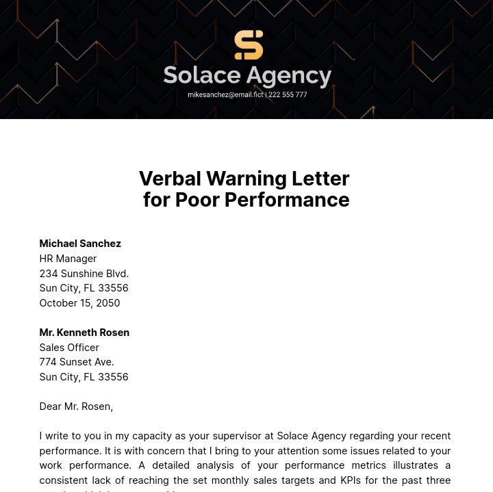 Free Verbal Warning Letter for Poor Performance Template