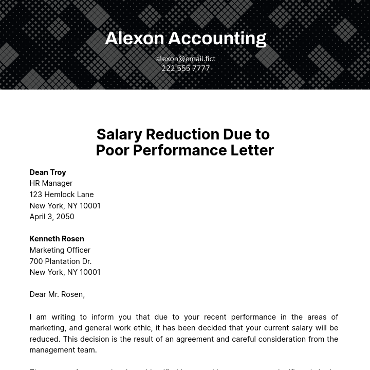Free Salary Reduction due to Poor Performance Letter Template