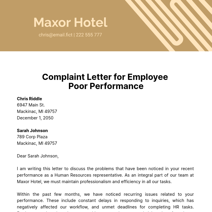 Complaint Letter for Employee Poor Performance Template