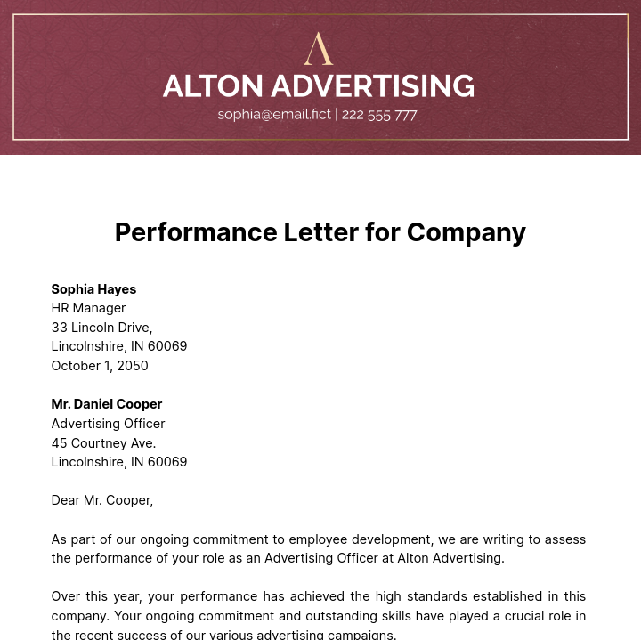 Free Performance Letter for Company Template