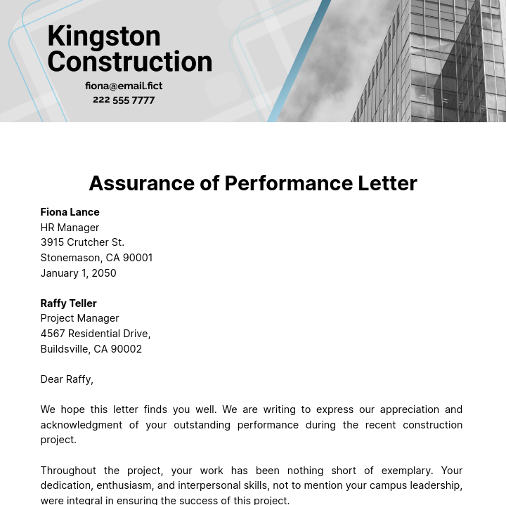 Free Assurance of Performance Letter Template