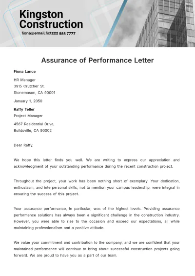 Free Assurance of Performance Letter Template to Edit Online