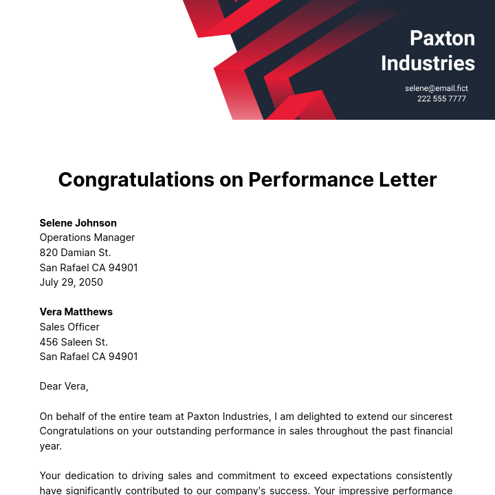 Free Congratulations on Performance Letter Template