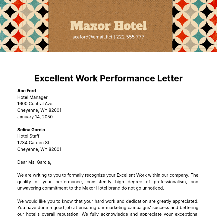 Excellent Work Performance Letter Template