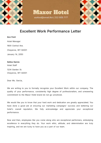 Free Excellent Work Performance Letter Template to Edit Online