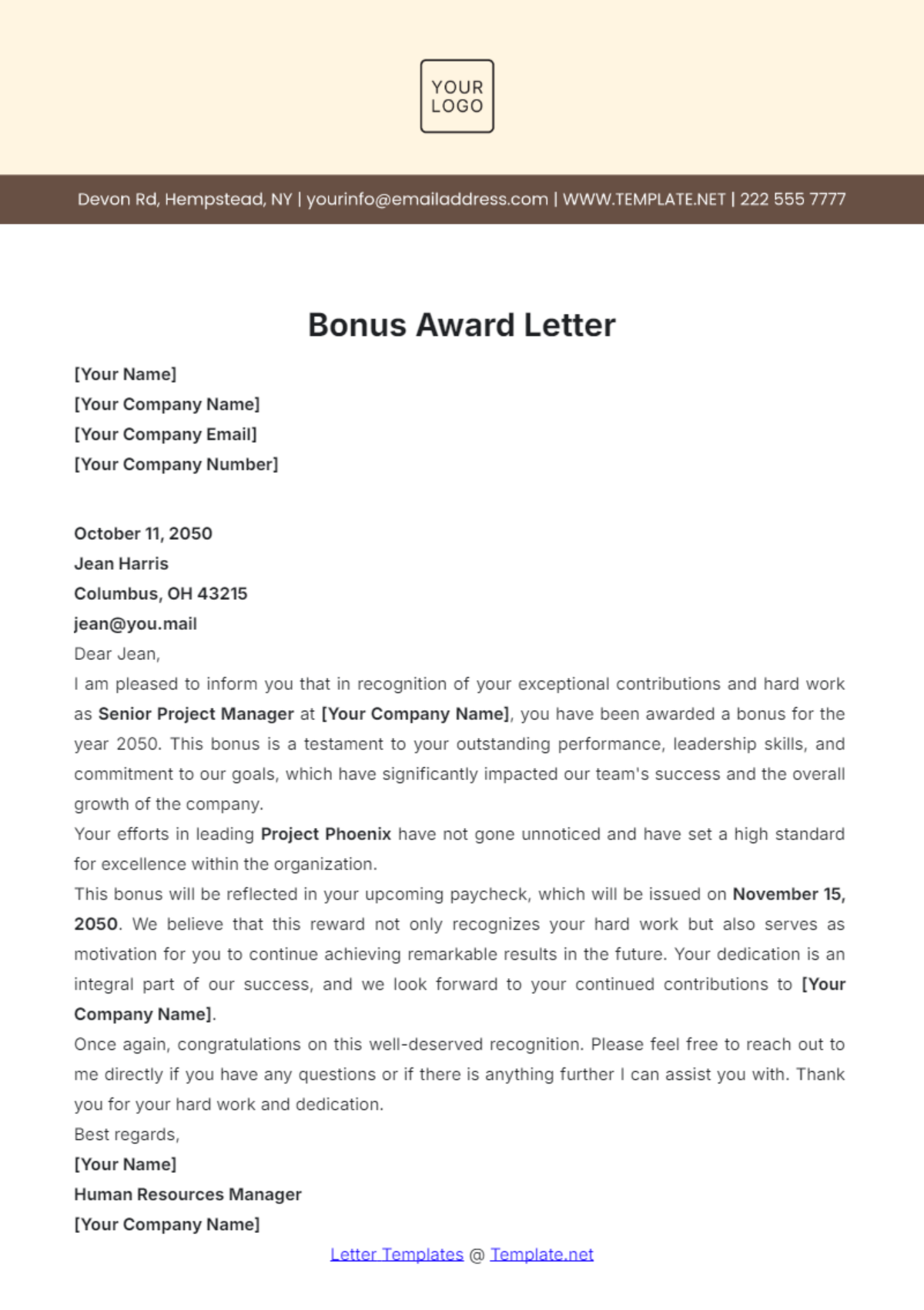 Bonus Award Letter Template - Edit Online & Download