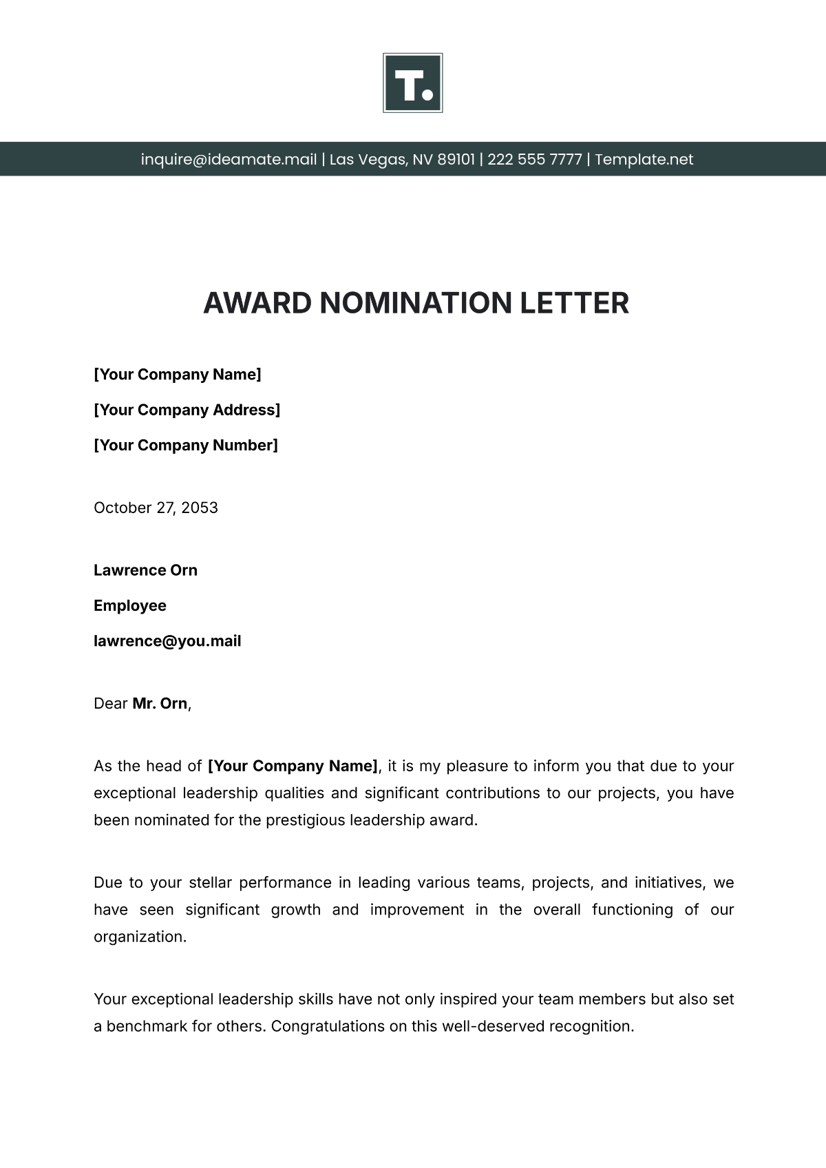 Award Nomination Letter Template - Edit Online & Download