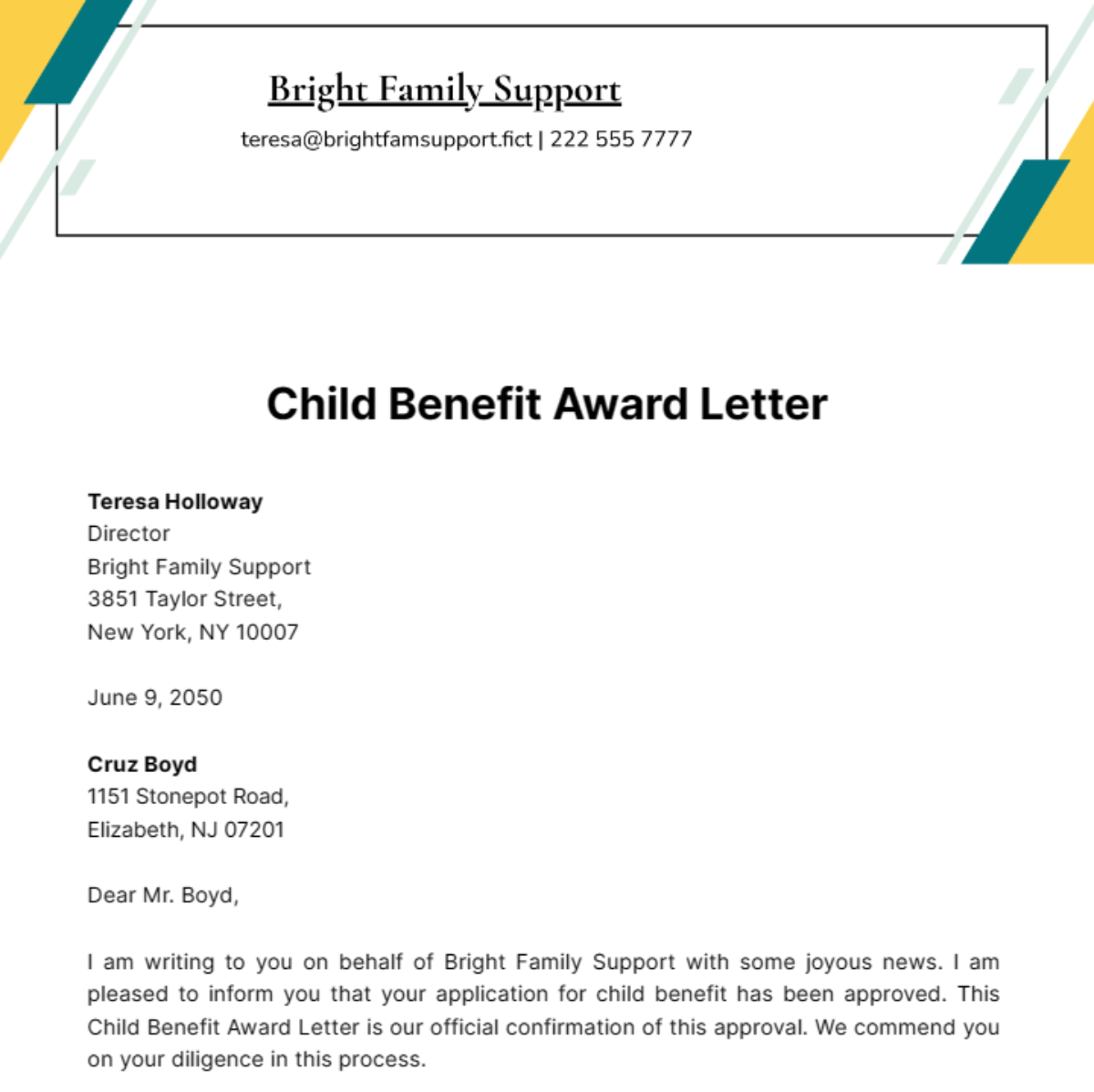 Child Benefit Award Letter Template