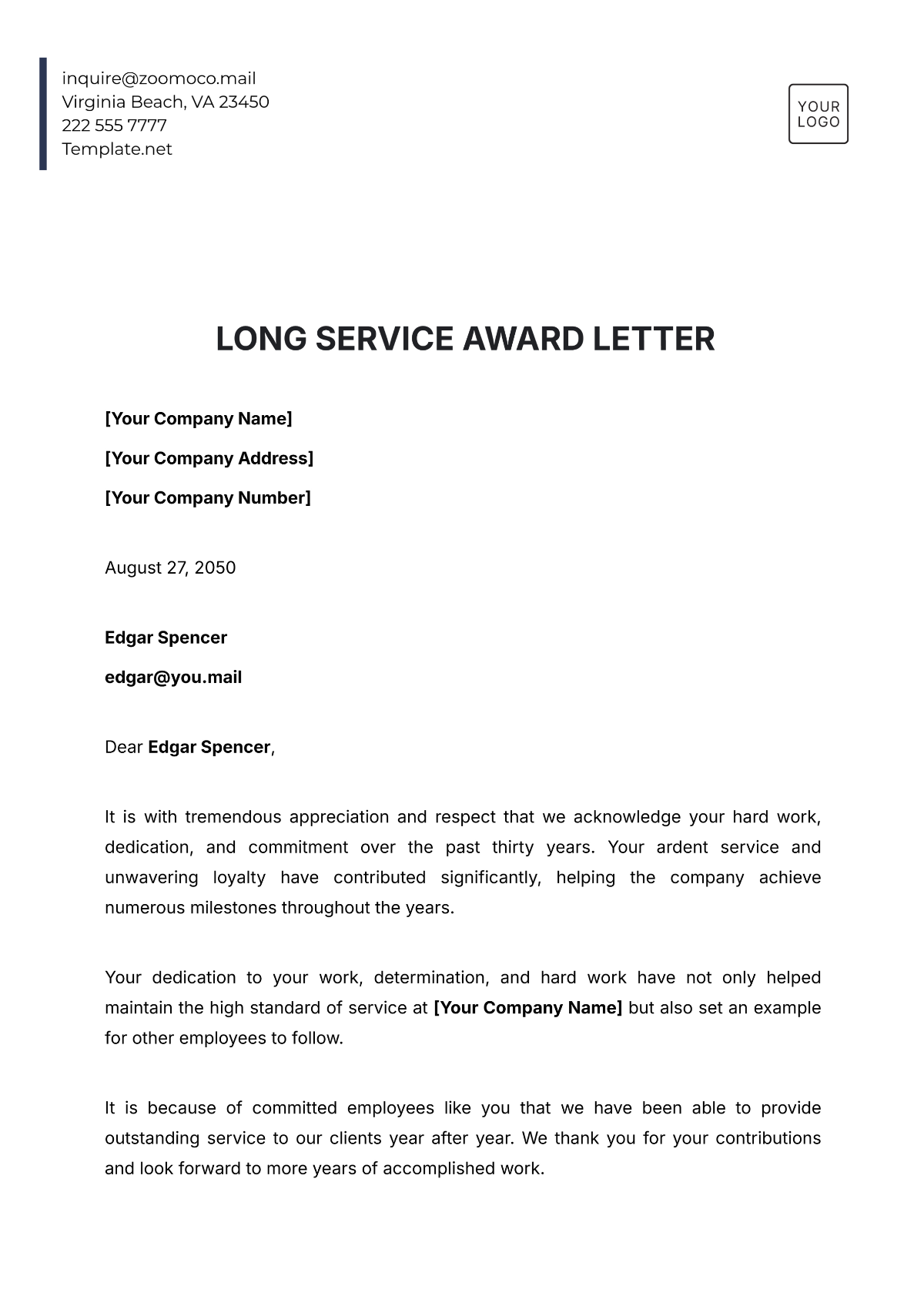 Free Long Service Award Letter Template - Edit Online & Download ...