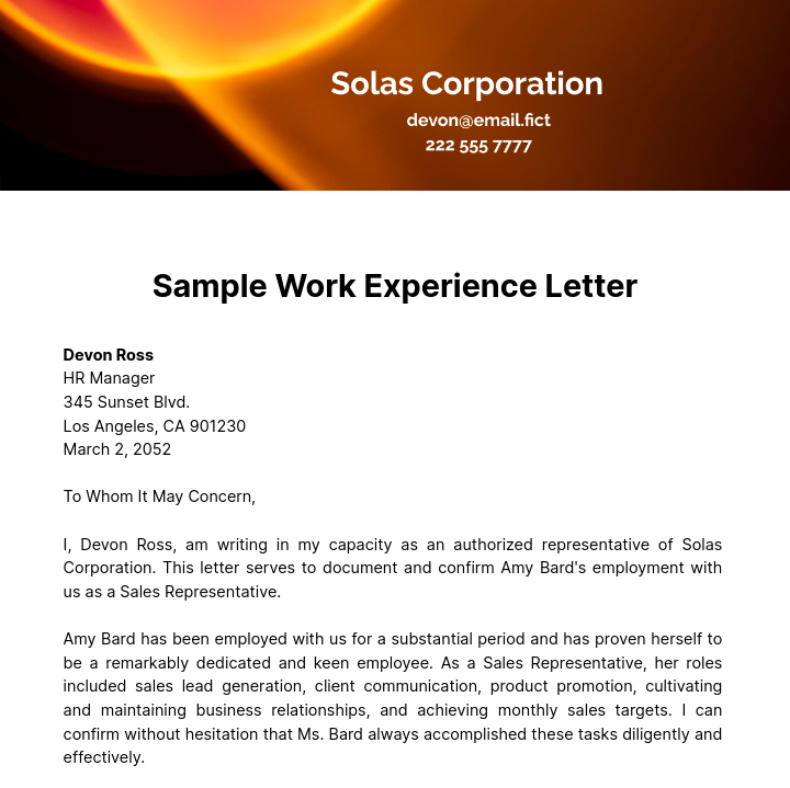 Sample Work Experience Letter Template