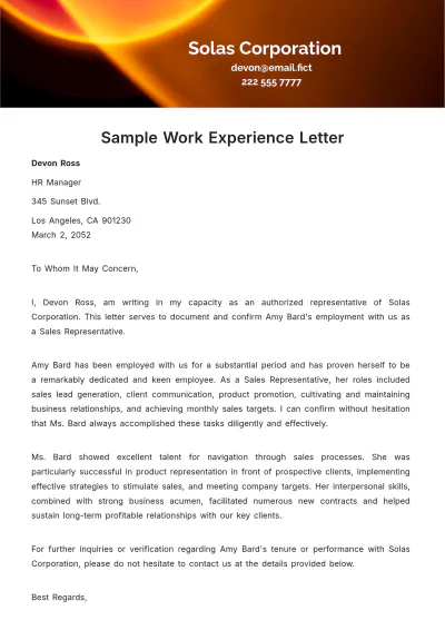 Free Sample Work Experience Letter Template to Edit Online