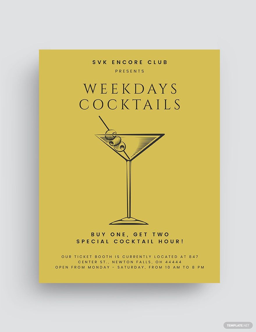 Weekdays Cocktails Flyer Template in Word, Google Docs, Illustrator, PSD, Apple Pages, Publisher, InDesign