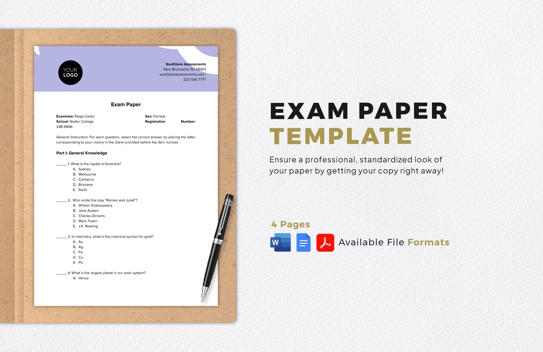 Exam Paper Template in Word, Google Docs, PDF