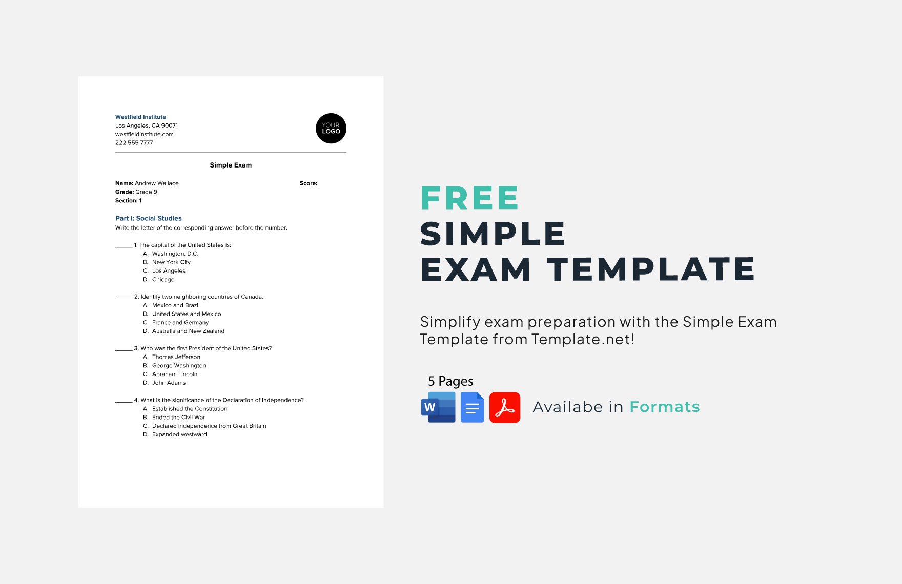 Free Simple Exam Template