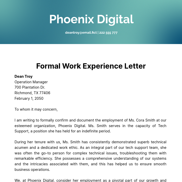 Free Formal Work Experience Letter Template