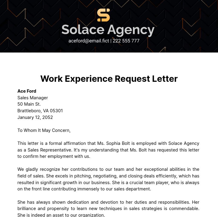 Free Work Experience Request Letter Template