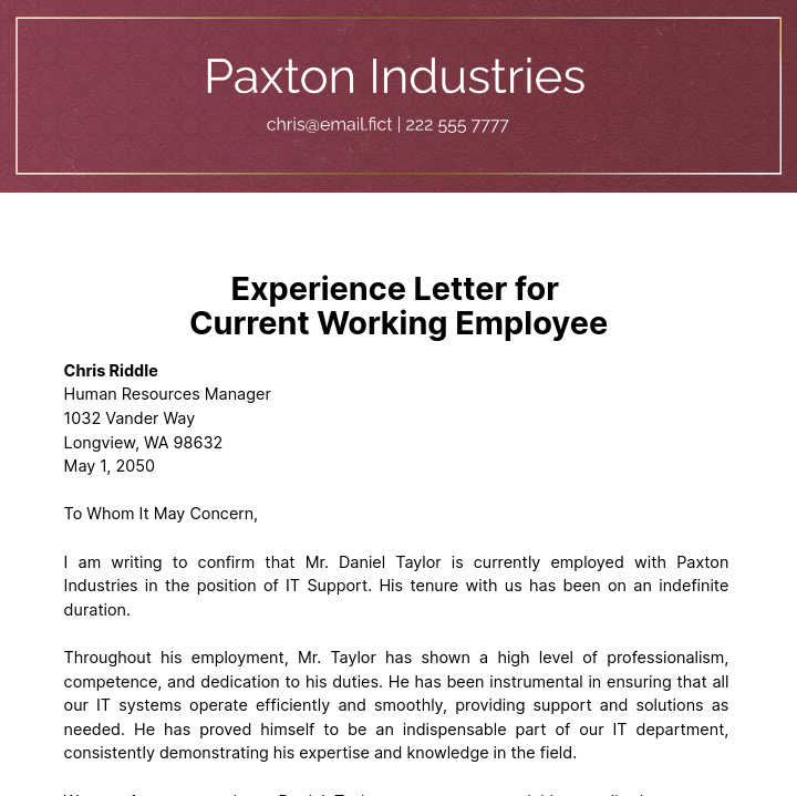 Free Experience Letter for Current Working Employee Template