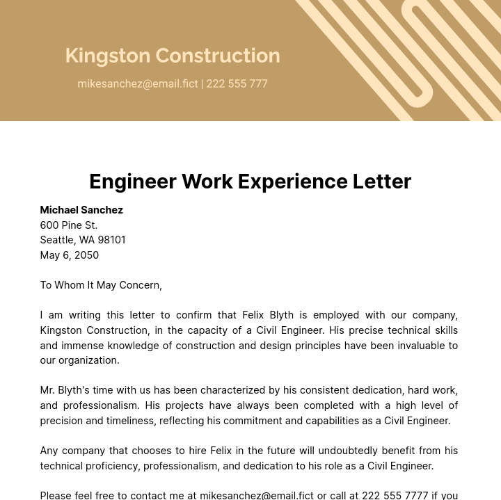 Free Engineer Work Experience Letter Template