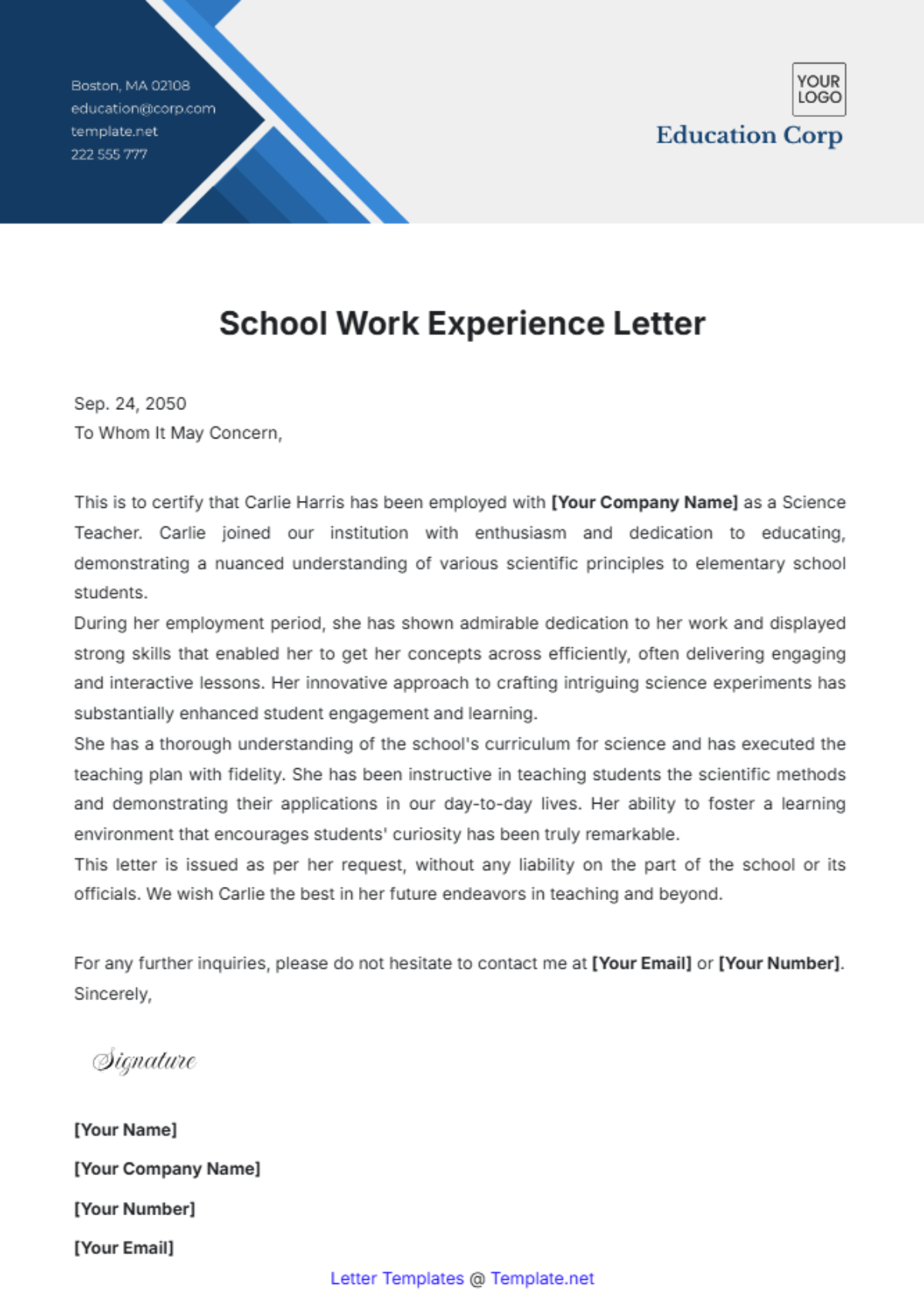 School Work Experience Letter Template