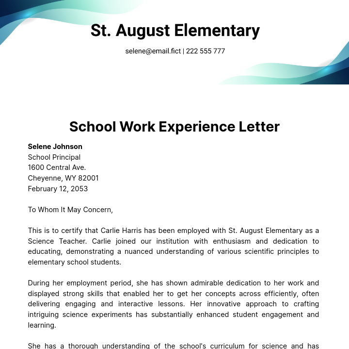 School Work Experience Letter Template