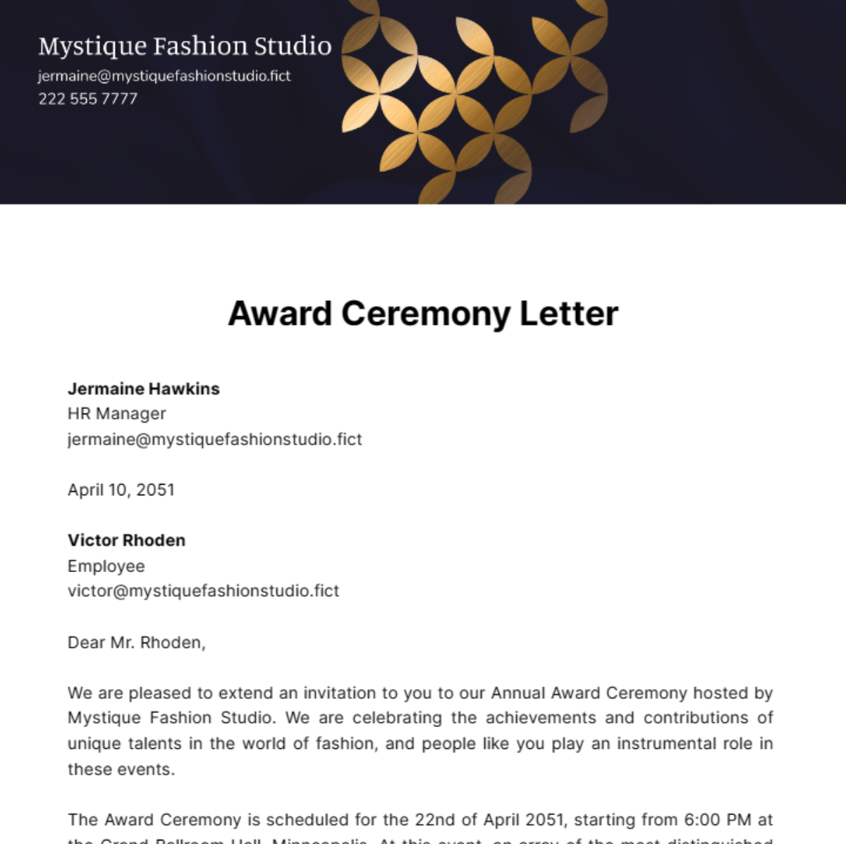 Award Ceremony Letter Template