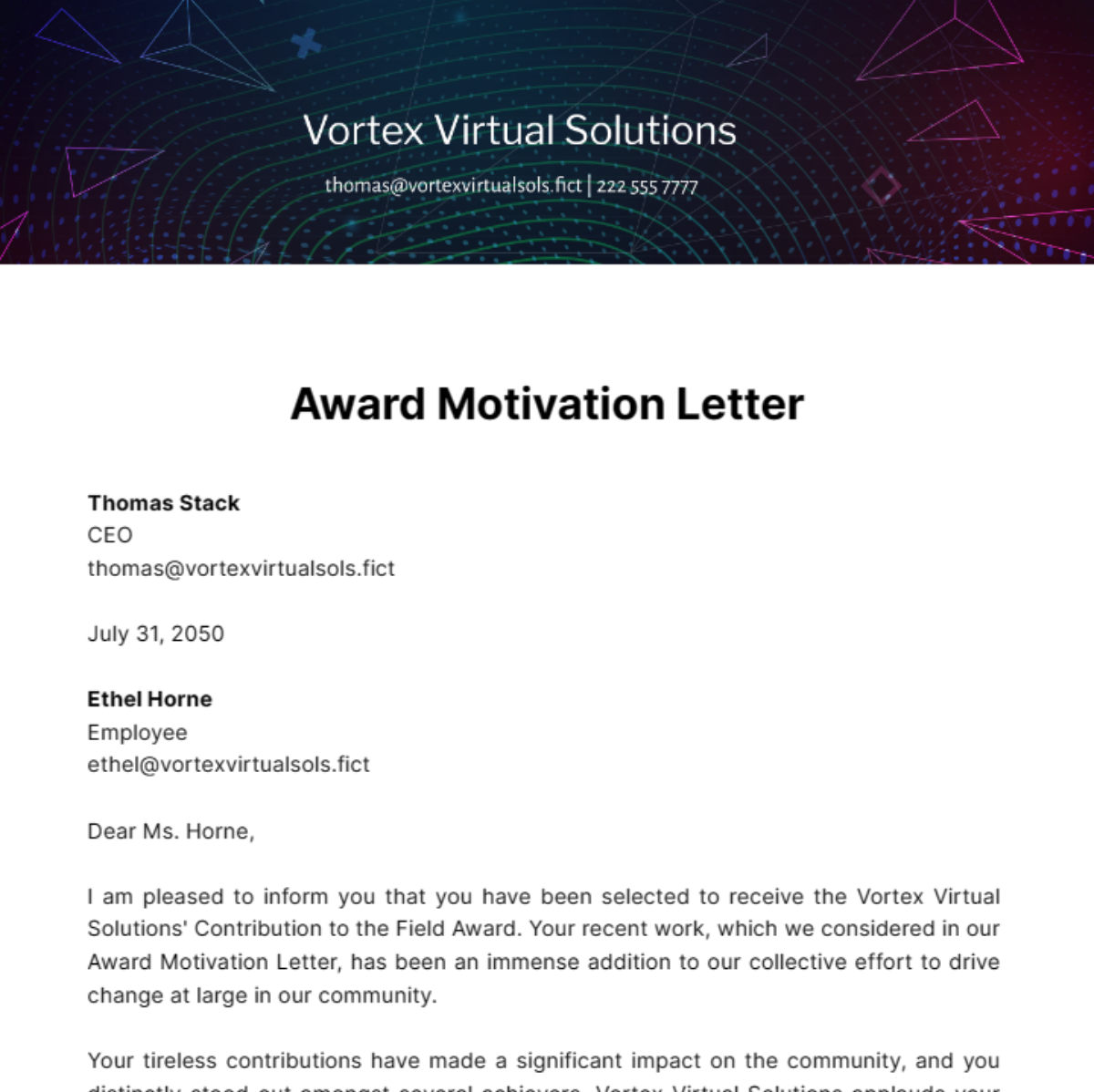 Award Motivation Letter Template