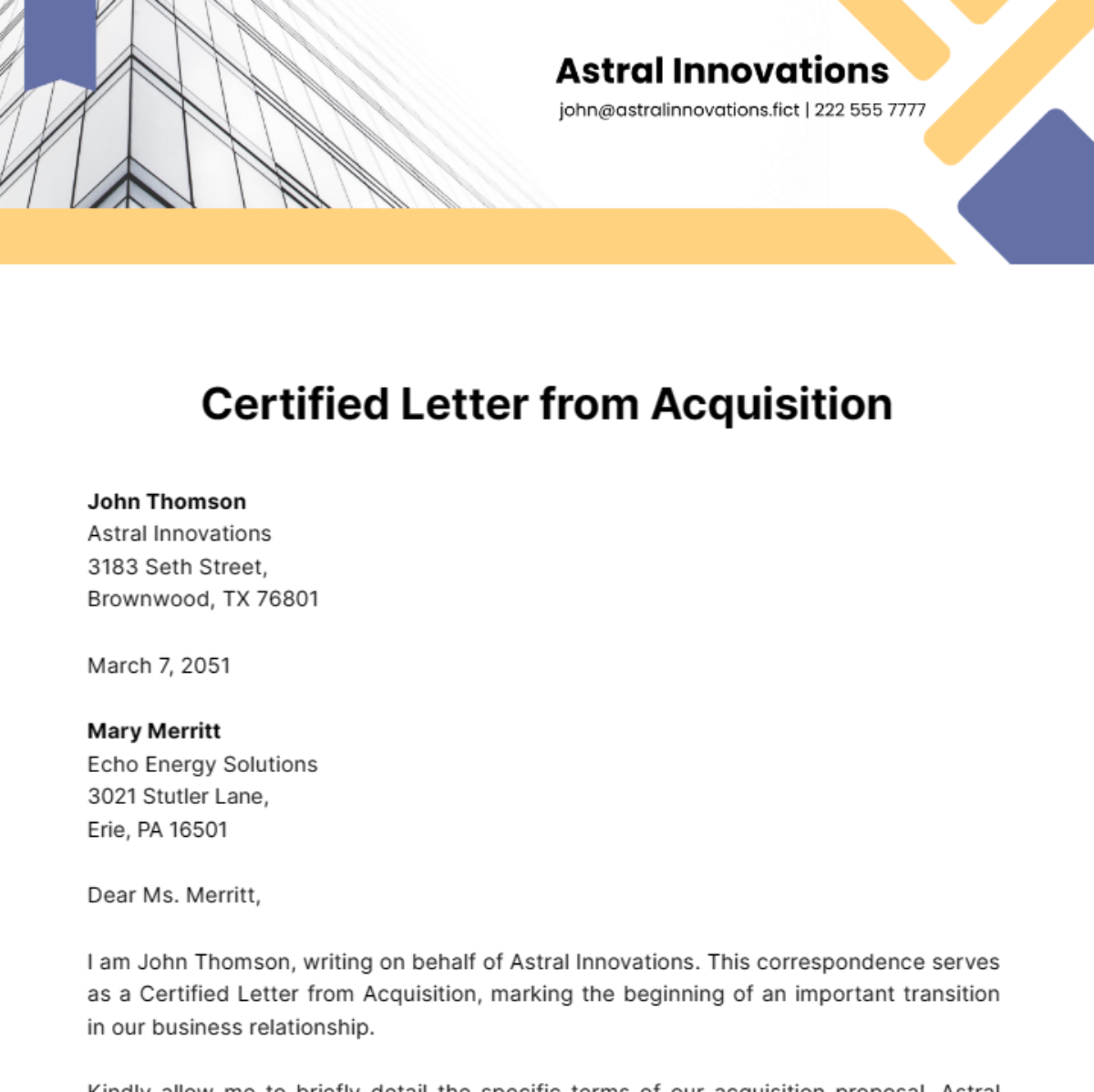 Certified Letter from Acquisition Template