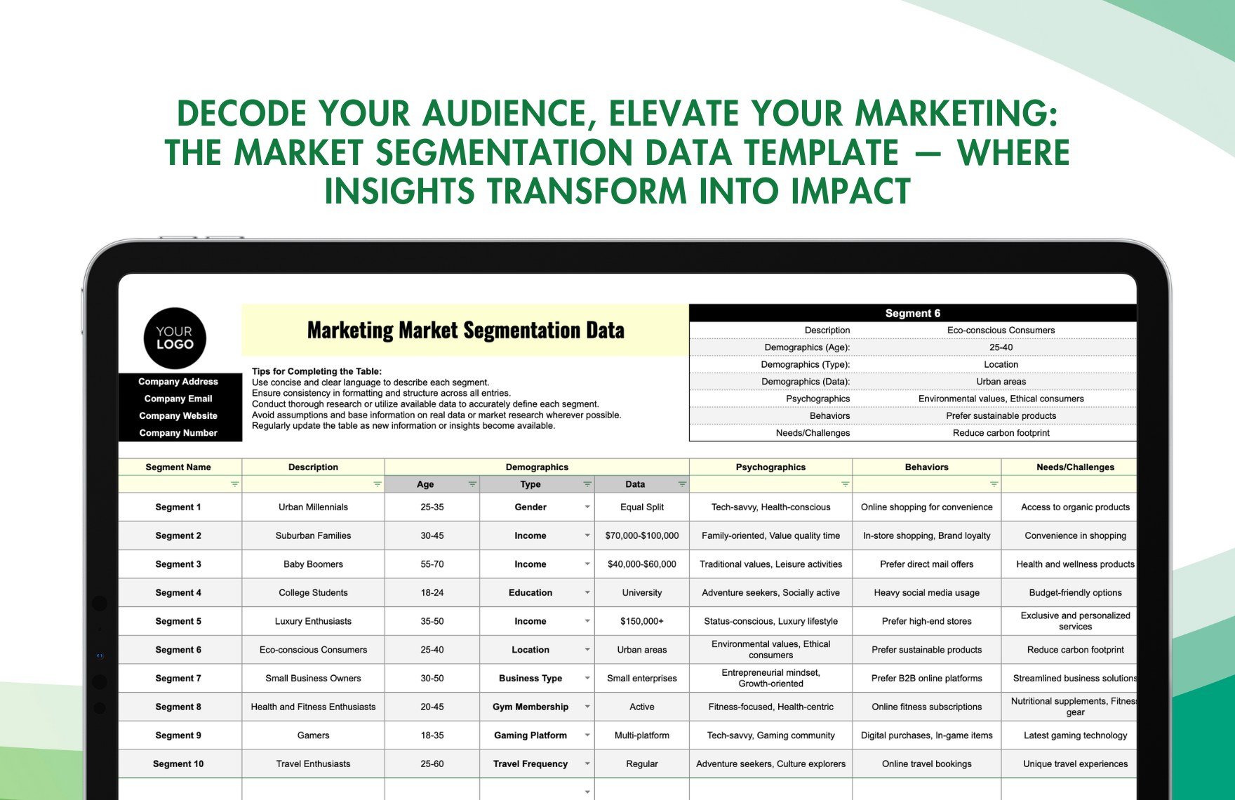 Marketing Market Segmentation Data Template