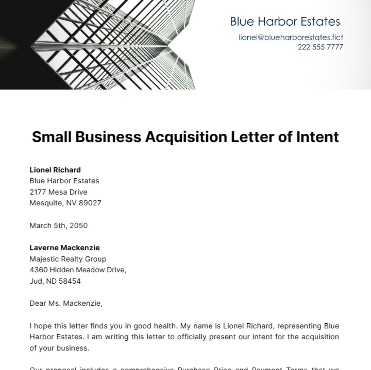 Free Small Business Acquisition Letter of Intent Template